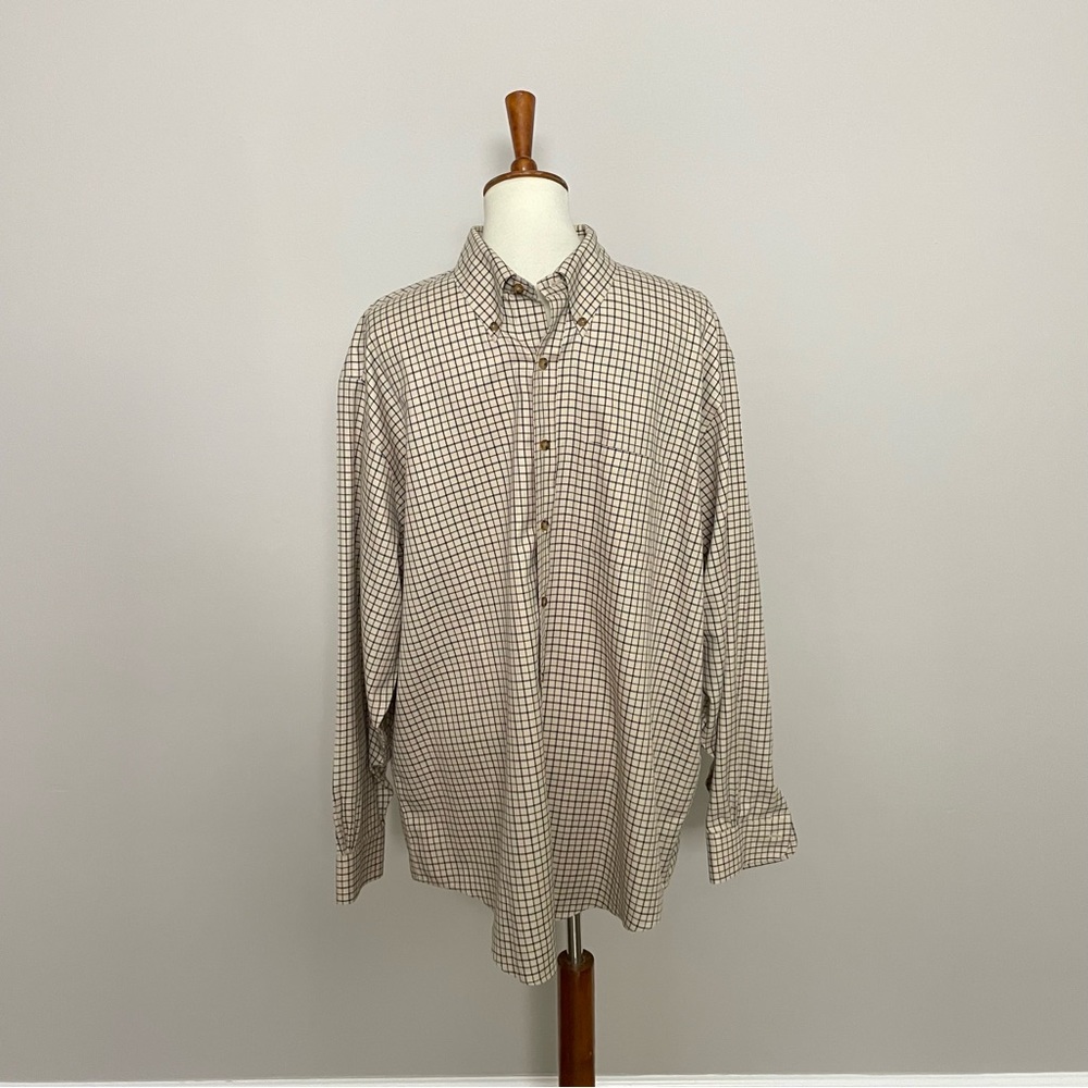 Brooks Brothers Shirt Button Front Plaid Original Polo Non Iron Tan Blue Brown